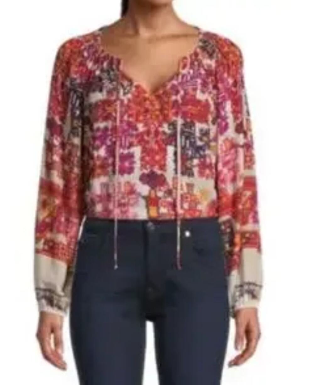 Kobi Halperin Romina Silk Blouse Elastic Cuff Flax Multi Red Purple Size Small